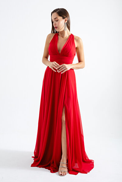 meksila kadın askılı büzgülü uzun kloş düğün davet nişan sifon elbise