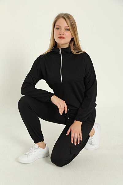 Genel Markalar Kadın Düz Siyah Fermuarlı Cepli Eşofman Takımı 8E-0334