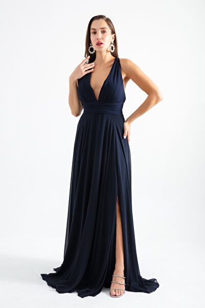 meksila kadın askılı büzgülü uzun kloş düğün davet nişan sifon elbise