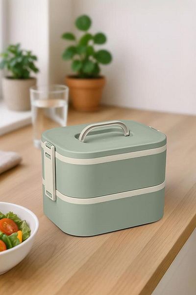 Okyanus Home Lunch Box with Stainless Steel Chamber 2 Layer Self Fork Spoon Lunch Box Green