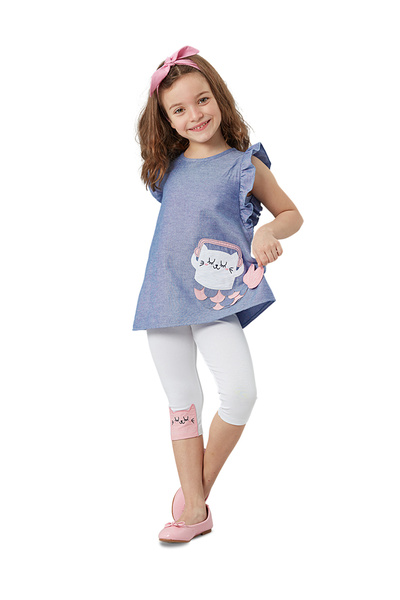 Denokids Blue and White Frilly Summer T-shirt and Leggings Set for Girls