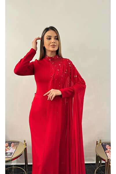 White Corner 3141 ŞİFON DETAYLI TAŞLI ELBİSE