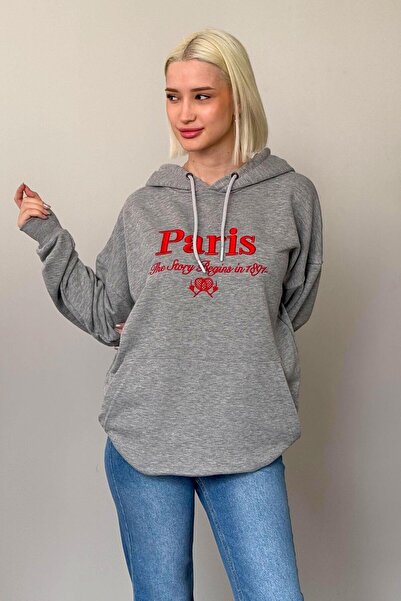 Seeh سويت شيرت نسائي رمادي كبير الحجم بغطاء للرأس SH190