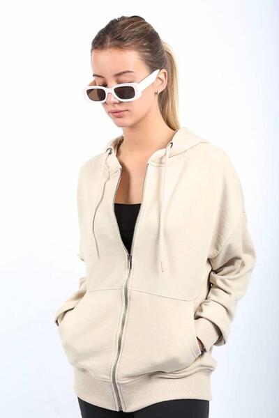 Seeh Cardigan bej cu glugă cu fermoar SH113