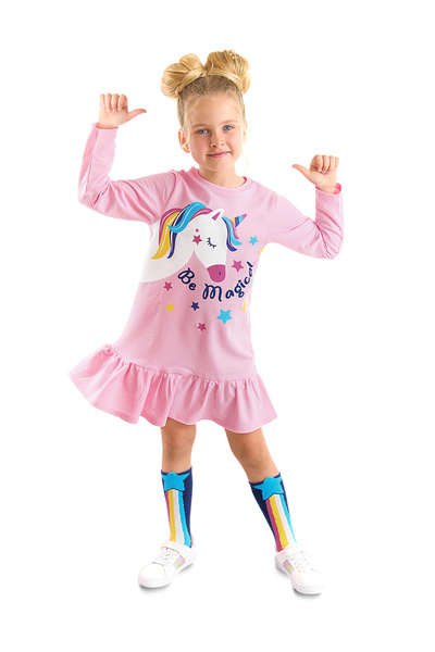 Denokids Unicorn Magic - Rochie roz pentru fete cu maneci lungi cu volane