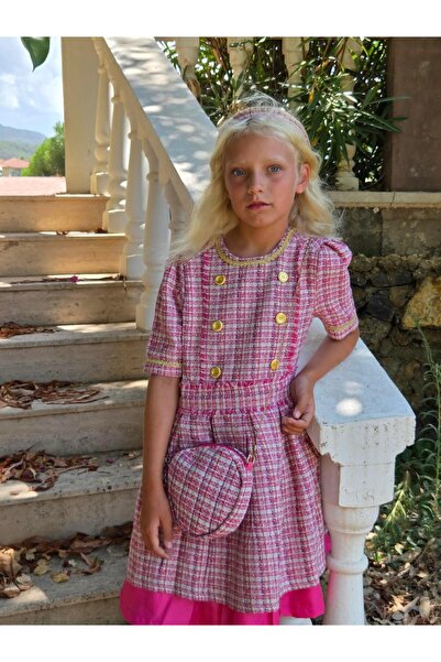 Hilal Akıncı Kids Kız Çocuk Chanel Kumaş Gold Düğmeli Etek Içi Astarlı Tütülü Elbise Çanta Saç Tacı 3'lü Takım