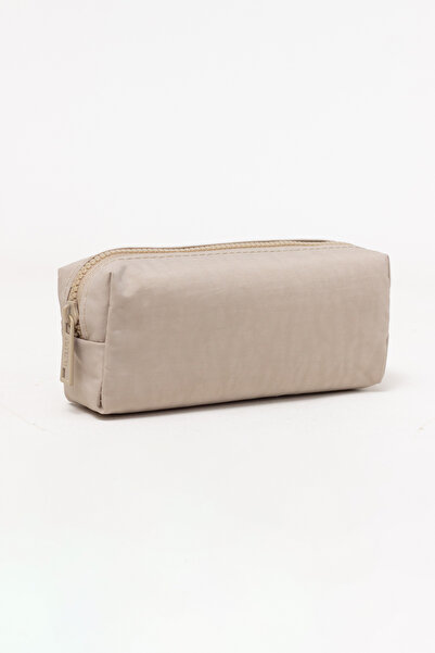 KAFF Bej Krinkıl Kumaş Tek Gözlü Yıkanabilir Kalemlik Kalem Kutusu Makyaj Çantası