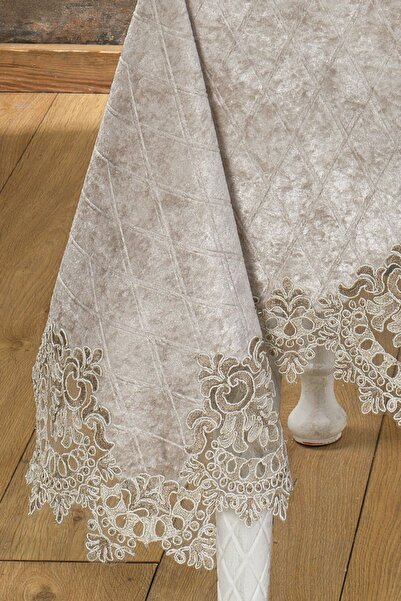 Evlen Home Collection Velvet Luxury Tablecloth Set Lacy Laced 26 Pieces Reina Cappuccino