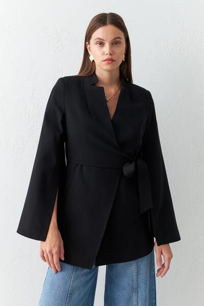 Setre Black Slim Fit Sleeve Detailed Jacket with Tie Detail at the Waist