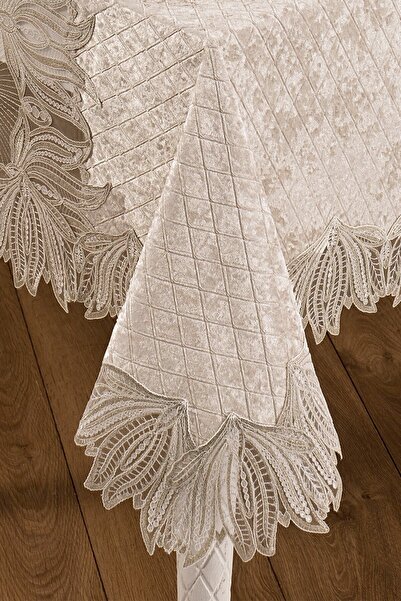 Evlen Home Collection Velvet Luxury Tablecloth Set Lace Laced 25 Pieces Vels Cream