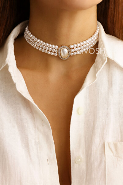 LIVOSH قلادة بروش من اللؤلؤ والجواهر والذهب