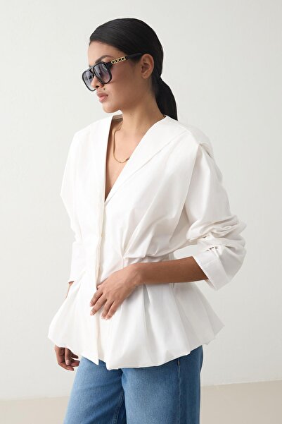 Setre Ecru 100% Cotton Comfortable Fit Blouse with Drawstring Detail at the Waist