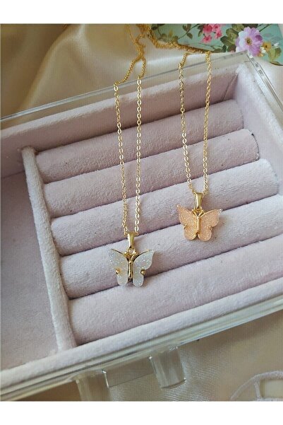 Genel Markalar Pembe Ve Beyaz Kelebek Kolye Seti