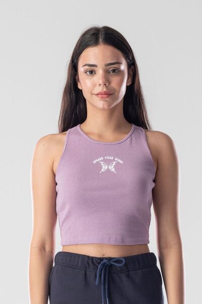 Mood Lab Halter Neck Tank Crop Slogan Printed Cotton Ribbed Knitted Camisole Lycra Top