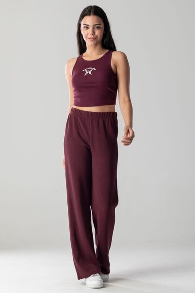 Mood Lab Halter Yaka Atlet Crop Slogan Baskılı Pamuklu Fitilli Örme Kaşkorse Likralı Top