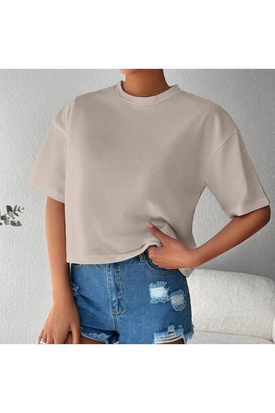 Mood Lab Γυναικείο μπλουζάκι με χαλαρή εφαρμογή Crew Neck Basic Beige Color