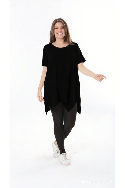 Şans Kadın Büyük Beden Siyah Bürümcük Kumaş Etek Ucu Kup Detaylı Kısa Kollu B...