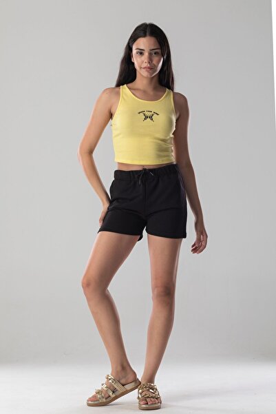 Mood Lab Halter Yaka Atlet Crop Slogan Baskılı Pamuklu Fitilli Örme Kaşkorse Likralı Top
