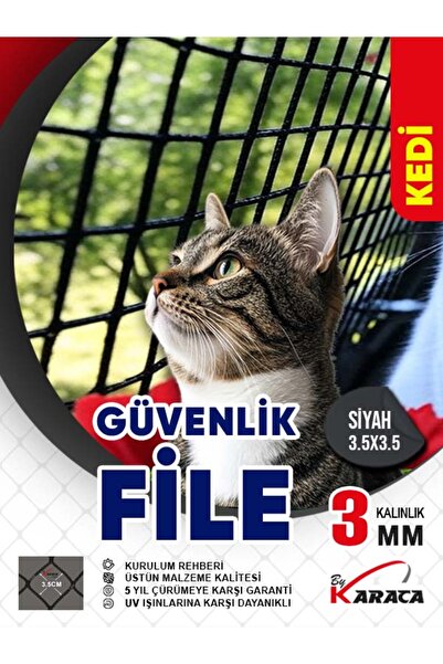 KARACAFİLE kedi Güvenlik Filesi 1.5x8 Metre - Siyah Renk, 3mm İp Kalınlığı, 3...