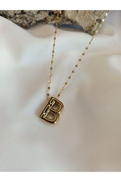 Luna Jewelry Kadın Gold Renk Balon Model Yaprak Zincir B Harfi 316 L Çelik Kolye