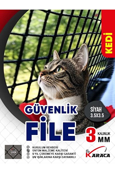 KARACAFİLE kedi Güvenlik Filesi 1.5x3 Metre - Siyah Renk, 3mm İp Kalınlığı, 3.5x3.5 cm Gözenek+ Montaj Aparat