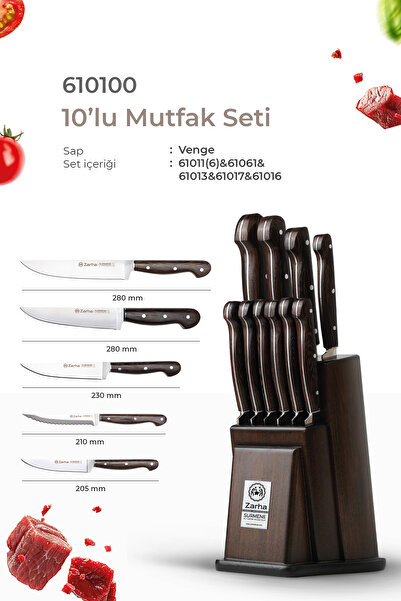 SÜRKARBİSA Zarha 10'lu Mutfak Bıçak Seti / Venge / Çelik Sürmene Bıçağı