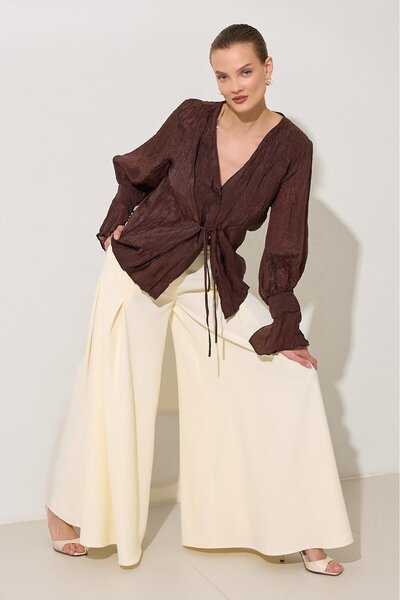 Setre Brown Flowy V-Neck Casual Cut Blouse with Belt Detail
