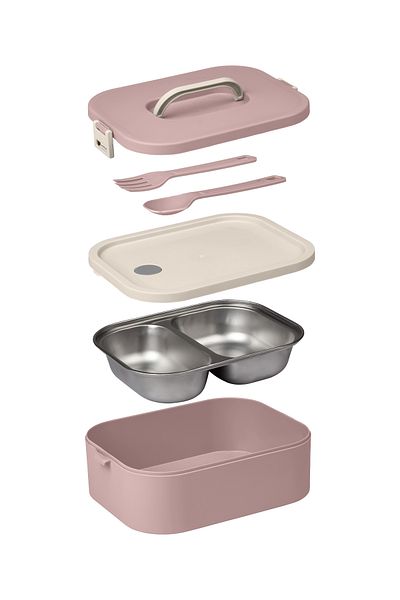 Okyanus Home Lunch Box with Stainless Steel Chamber Single Layer Self Fork Spoon Lunch Box Pink