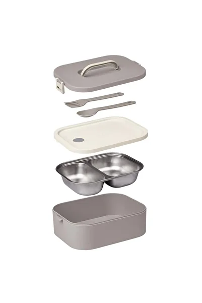 Okyanus Home Lunch Box with Stainless Steel Chamber Single Layer Self-Fork Spoon Lunch Box Viz