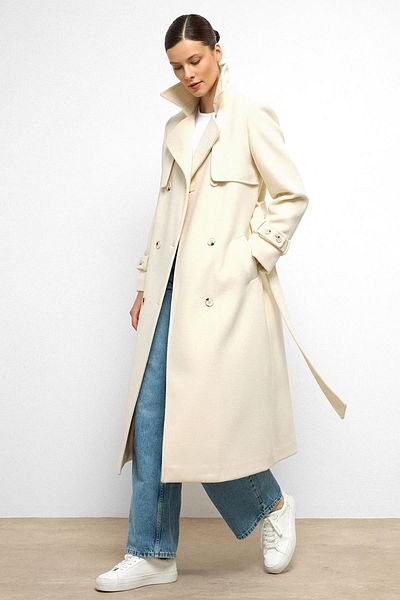 Olcay Double Breasted Coat with Cape Detail Ecru 3091