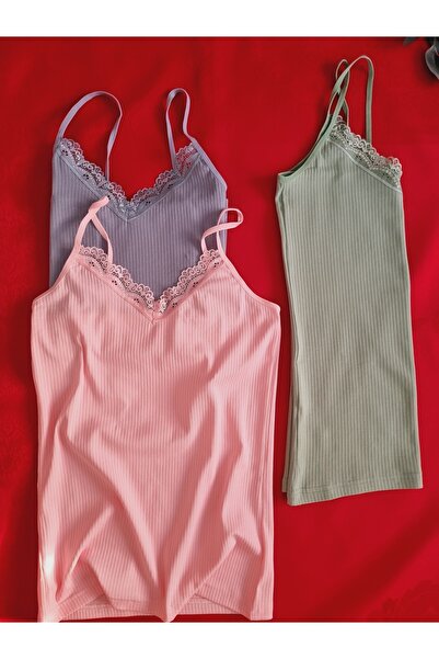 Demirsa Boutique Fitilli, Dantelli İp Askılı, Pamuklu, Likralı, V Yaka Yeşil, Mavi ve Pembe Ribana Kadın Atlet 3'lü