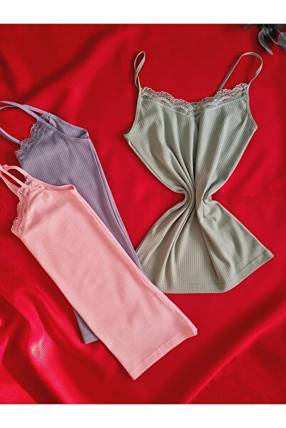 Demirsa Boutique Fitilli, Dantelli İp Askılı, Pamuklu, Likralı, V Yaka Yeşil, Mavi ve Pembe Ribana Kadın Atlet 3'lü