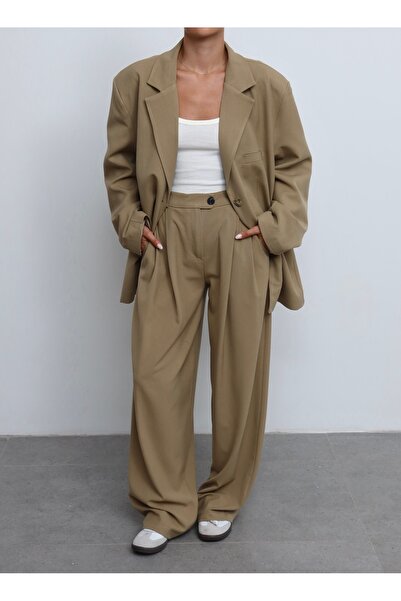 Zey Studio Kadın Camel Çift Düğme Detaylı Oversize Blazer Ceket