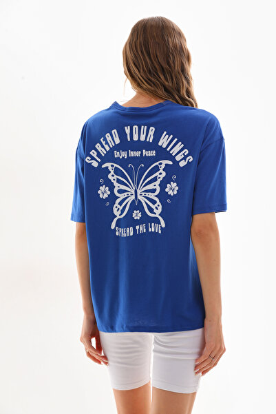 Mood Lab طاقم الرقبة الأمامية الخلفية شعار مطبوعة مريحة قطع التي شيرت