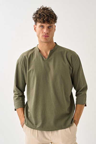 Dechers Ανδρικό πουκάμισο Fakir με λαιμόκοψη V με άνετο 100% βαμβακερό πουκάμισο E211