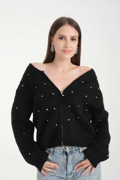 İLKCET MODA Pearl Stone Women's Stretchy Knitwear Pocket Cardigan