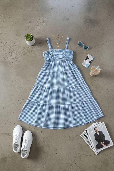 PASTELASTORE Rochie de vară cu model Gingham cu bretele, lungime midi, pentru femei 1300