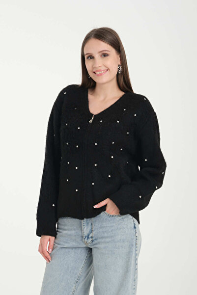 İLKCET MODA Pearl Stone Women's Stretchy Knitwear Pocket Cardigan