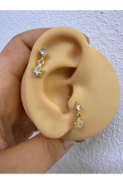 Arescollection ZİRKON TAŞLI YILDIZLI ARKASI DÜZ ÖNDEN TAKMALI TRAGUS HELİX KIKIRDAK UYUMLU LABRET PİERCİNG