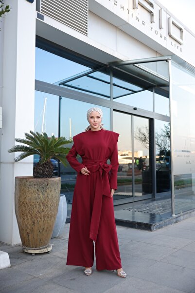Wovi Women's Wide Belt Zippered Hijab Jumpsuit Salopet