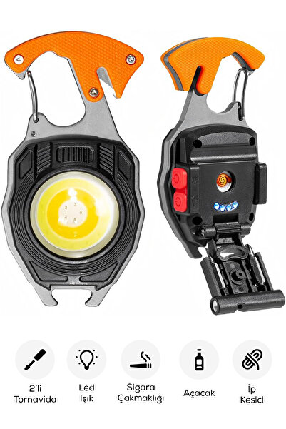 indirimsevinci Çok Amaçlı LED Işıklı Anahtarlık – Çakmak, Tornavida, Şişe Açacağı, Type-C Şarjlı, Manyetik
