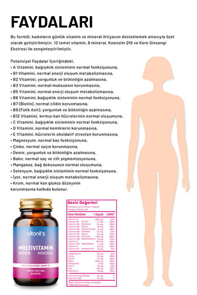 Vitanil's Nutrition Multivitamin Minerals Women (13 Tip Vitamin 8 Tip Mineral - Korean & Coenzim Q10 Ext.) 60 Kapsül