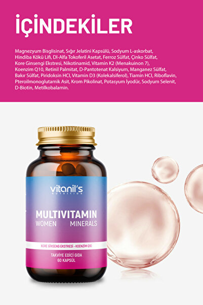 Vitanil's Nutrition Multivitamin Minerals Women (13 Tip Vitamin 8 Tip Mineral - Korean & Coenzim Q10 Ext.) 60 Kapsül