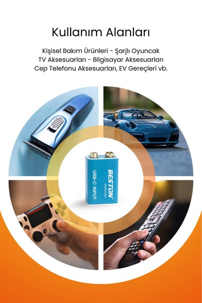 Genel Markalar Beston Type-C Şarj Edilebilir 9V Pil 1200mAh 4500mWh – Gitar Ekolayzır, Multimetre, Telsiz ve Dedektör Uyumlu (Ekstra Şarj Cihazı Gerektirmez)