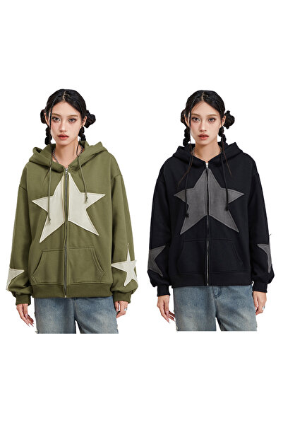 EDVESS Kapşonlu Ceket Y2k Fermuarlı Yıldız Baskı Uzun Kollu Estetik Ceket Har...
