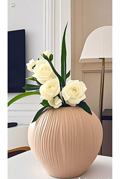 Lui Tasarım İskandinav Tarzı Büyük Boy Oval Seramik Bej Rengi Vazo