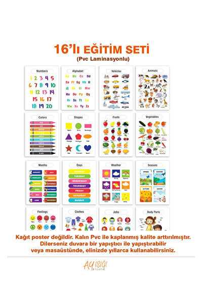Ayışığı Dizayn İNGİLİZCE 16'li Eğitim Seti Okul Öncesi - Ilköğretim Çocuk Pvc...