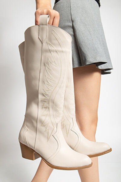 ŞIK STORE Ashton Bej Cilt Nakışlı Western Uzun Dizaltı Kovboy Kadın Bot Çizme