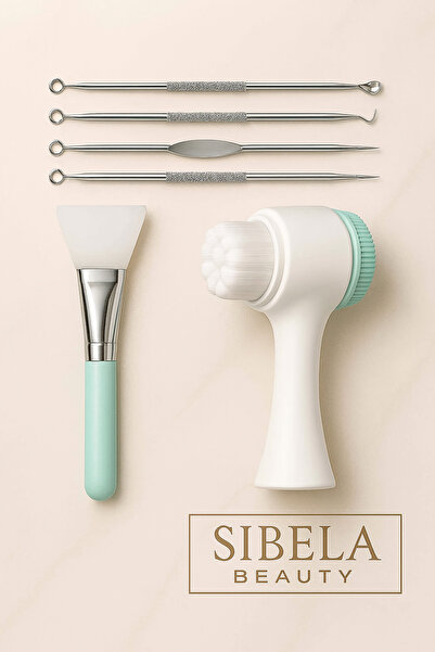 SİBELA BEAUTY GÜZEL GÖRMEK GÜZEL DÜŞÜNDÜRÜR 3'lü Bakım Seti; Yüz Temizleme Fırçası + 4'lü Gümüş Komedon + Maske Soyma & Sürme Aparatı