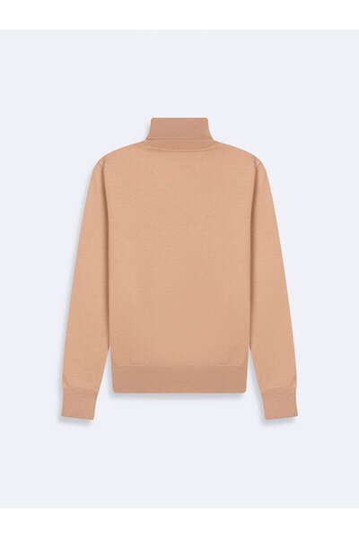 Ltb Pulover crem cu mâneci lungi și gât roșu